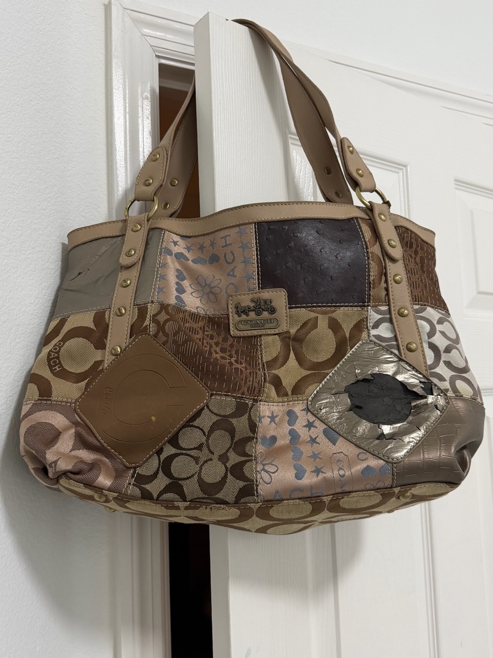 Project bag Coach Patchwork Tote in Tan, Brown and Metallic Accents